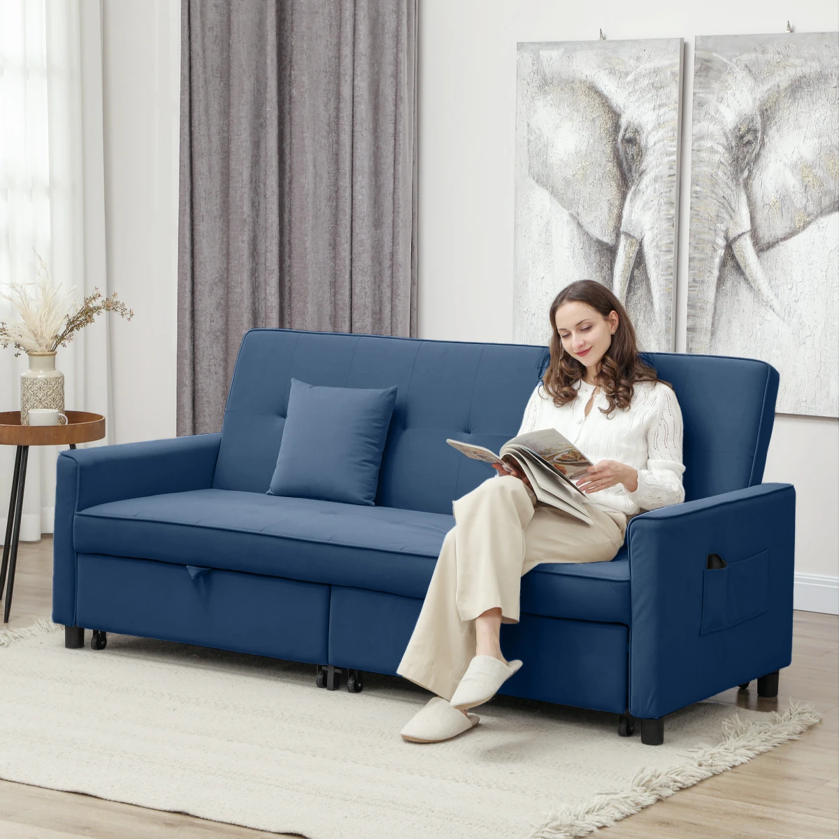HOMCOM Sofa Bed L Shaped Click Clack Velvet Cushions Home - Sofa Bed