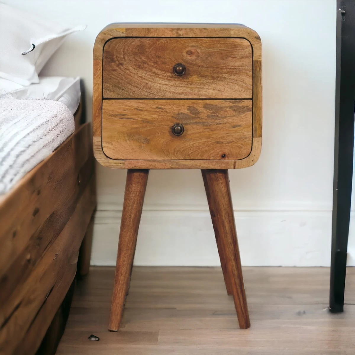 Artisan Nightstand Mini Solid Mango Wood Oak Finish Curved Edges Two Drawer Bedroom Decor for Small Spaces by Artisan Furniture