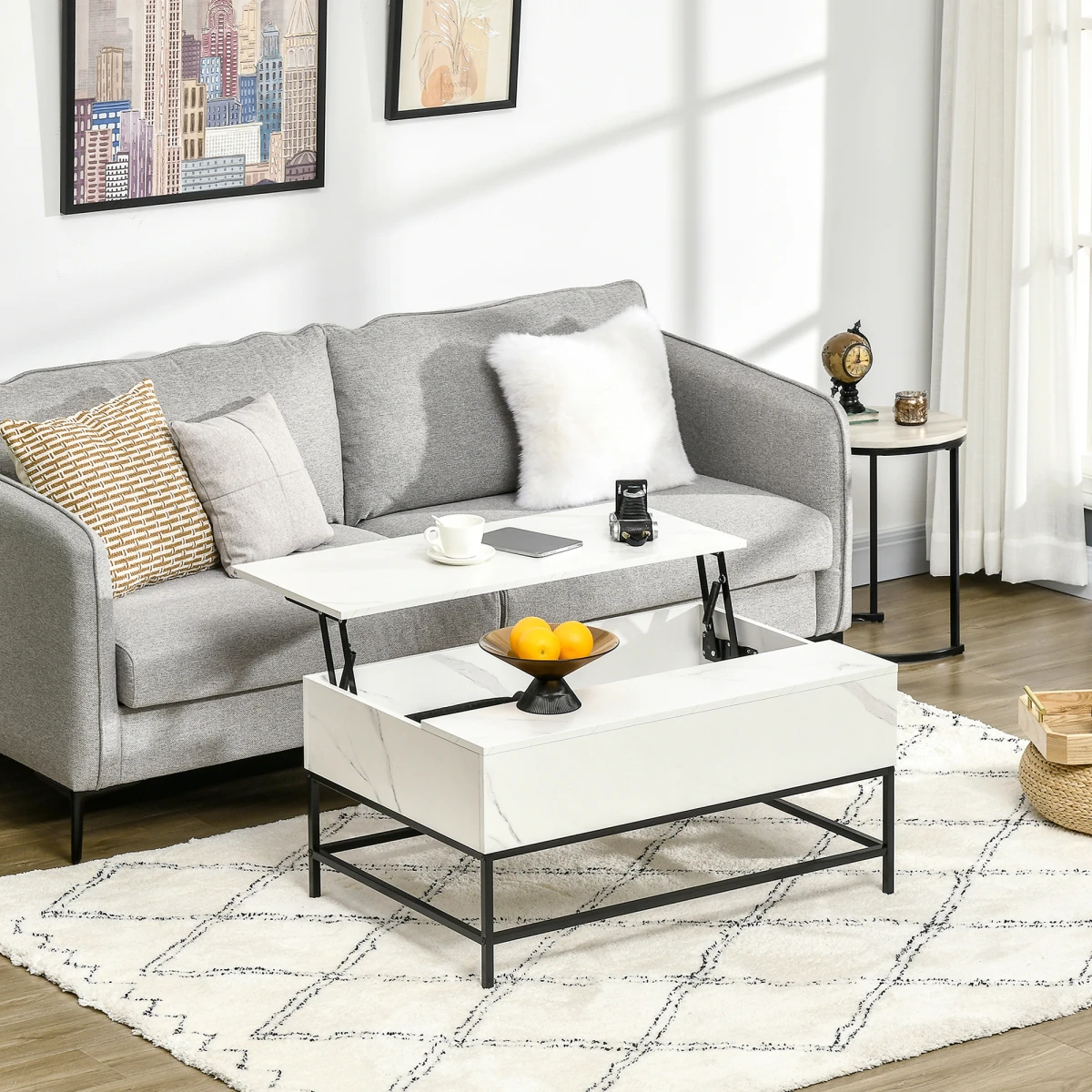 HOMCOM Lift-Top Coffee Table 80x40x45 cm With Hidden Storage White Marble Finish For Living Room by HOMCOM