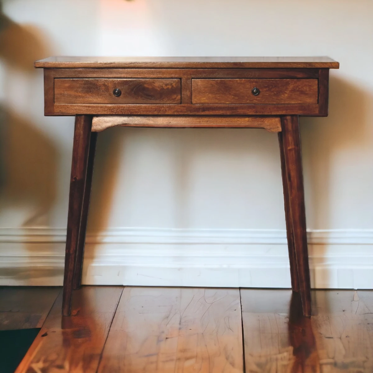 Artisan Furniture Artisan Console Table Compact Solid Mango Wood Two Drawer Chestnut Finish For Hallways - Console Table