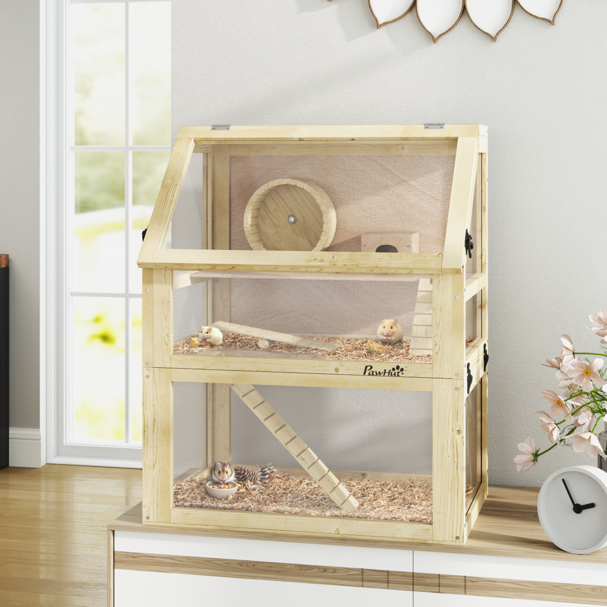 PawHut Wooden Hamster Cage w/ Detachable Bottom, Hut, Seesaw, 60 x 40 x 75cm - from PawHut