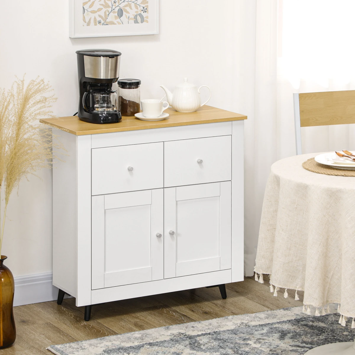 Premium White Sideboard Storage Cabinet Standard Wood Top Two Drawers Hallway Use by HOMCOM