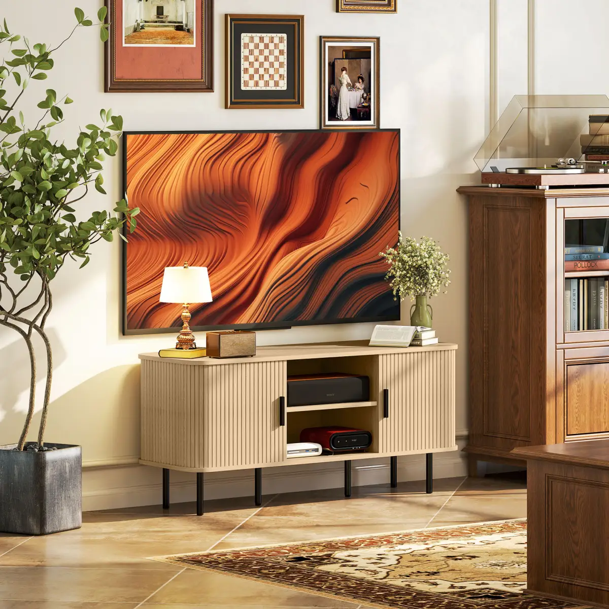 HOMCOM Living Room TV Unit With Oak Tone Finish HOMCOM Two Shelves Two Cupboards Cable Management Elevated Base - TV Unit