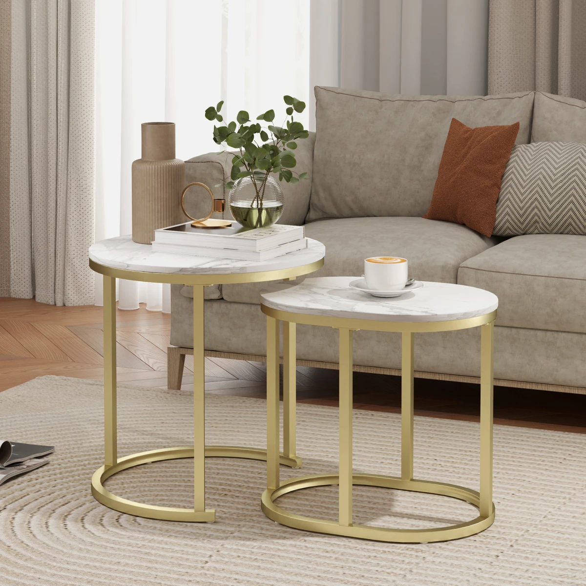 HOMCOM Elegant Side Tables RoundOblong Marble LivingArea - Nest of Tables