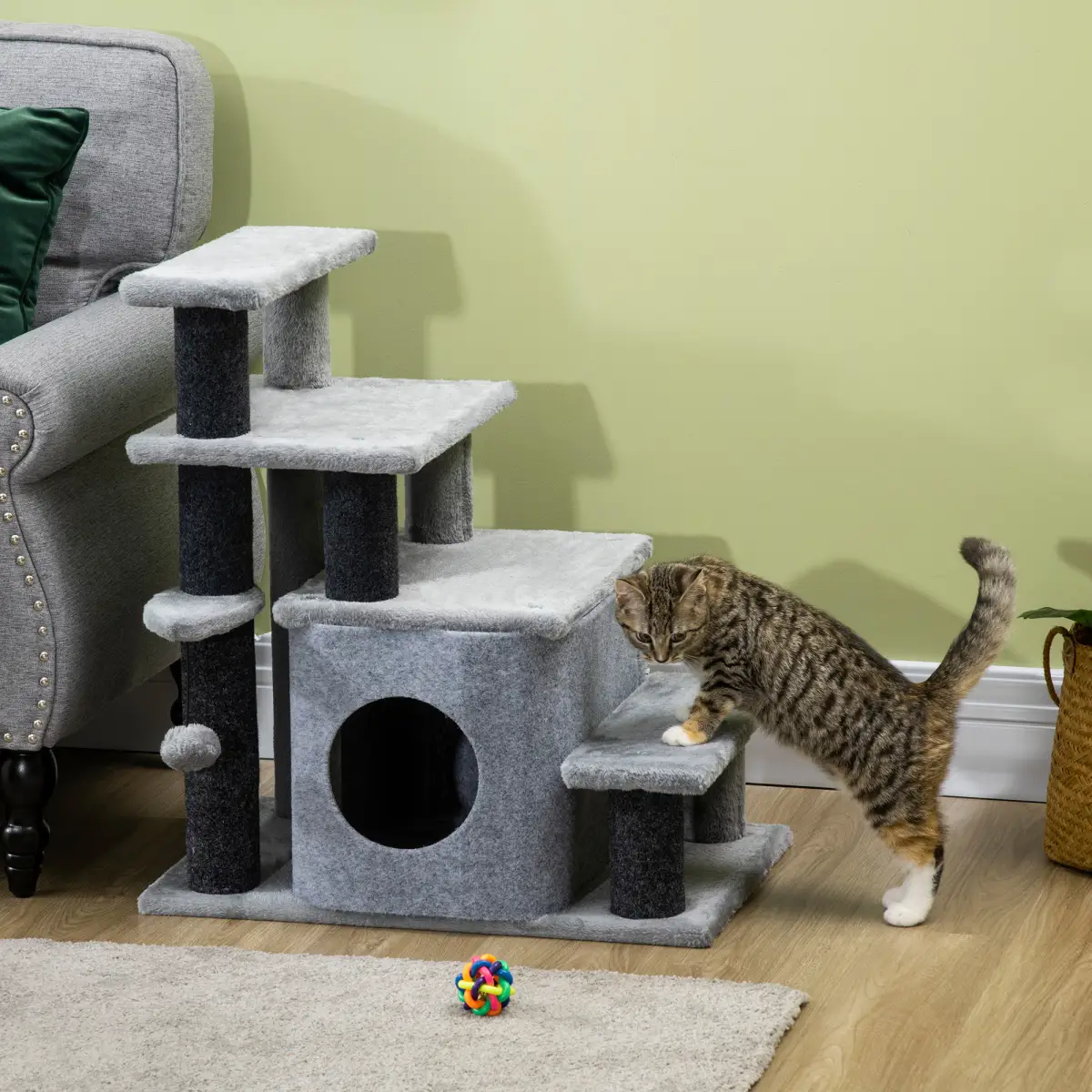 Small Cat Steps & House for Bed/Sofa with Scratching Posts, Grey