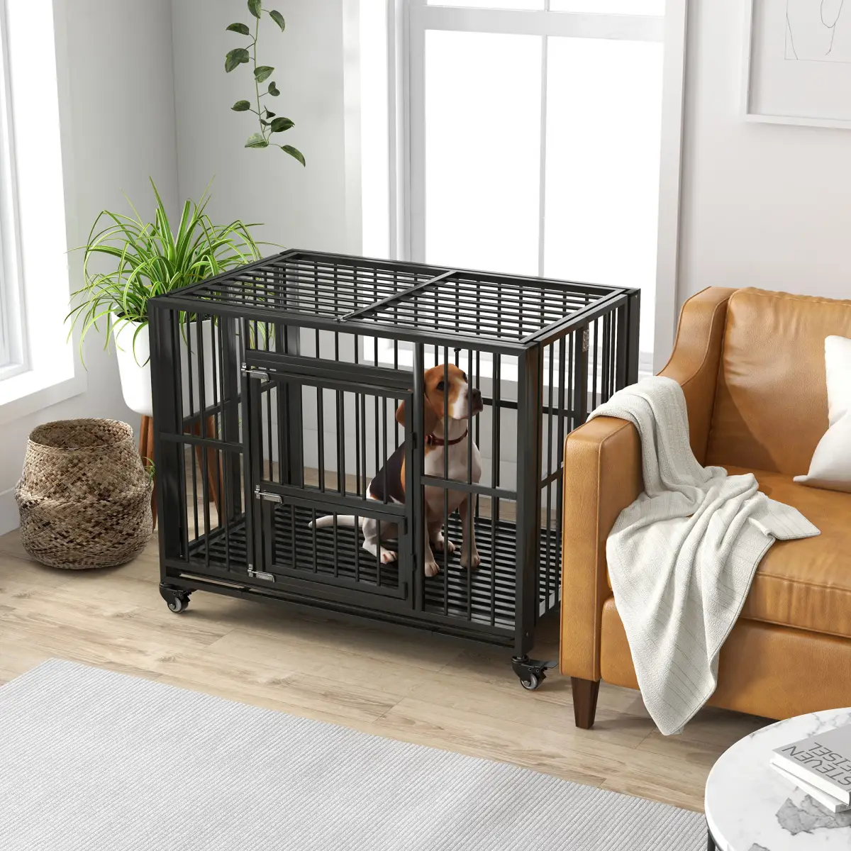 PawHut PawHut 43" Foldable Heavy Duty Dog Crate with Locks, Removable Tray, Wheels - Dog Crate