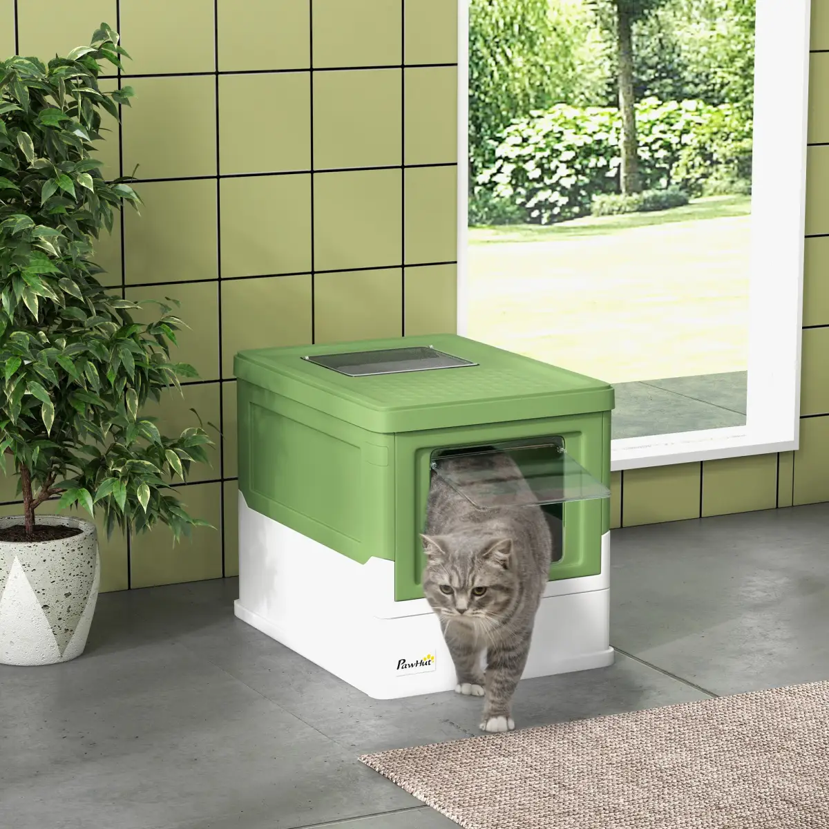 PawHut Hooded Cat Litter Box, Pet Toilet w/ Scoop, Tray - Light Green - Cat Litter