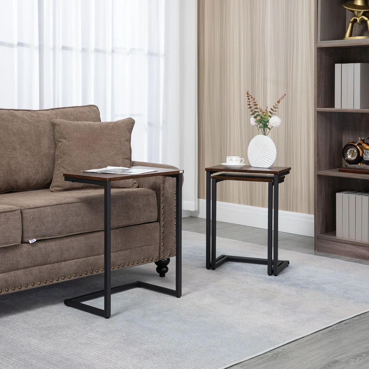 HOMCOM HOMCOM C Shaped Nesting Tables Set of 3 Small Medium Large Rustic Brown Steel Frame Space Saving Living Room End Tables - Nest of Tables
