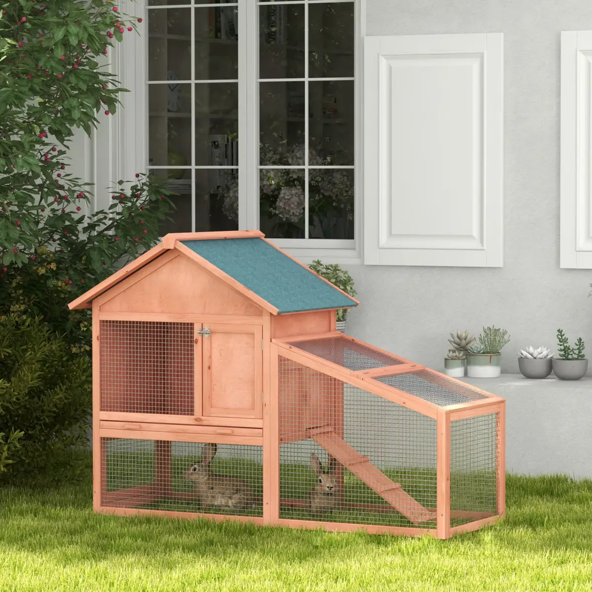 Pawhut 2 Tier Wood Rabbit Hutch Water Resistant Asphalt Roof Ramp 144 x 64.5 x 100 cm - Rabbit Hutch