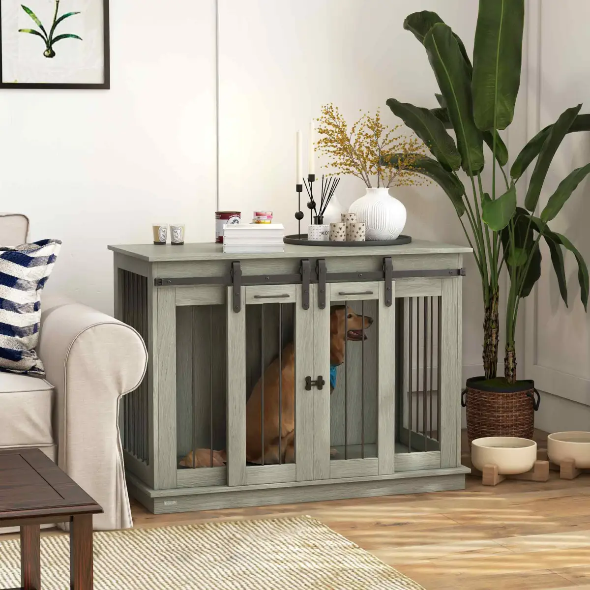 PawHut PawHut Dog Crate Furniture for Large Dogs, Double Dog Cage for Small Dogs, Grey - Dog Crate