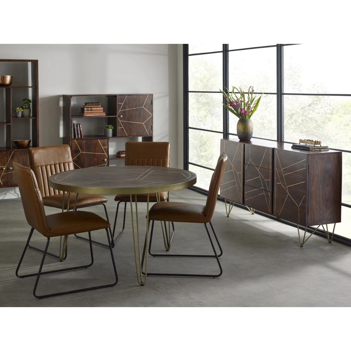 Indian Hub Dark Gold Round Dining Table Dia 48in Inlaid Metal For Homes - Dining Table