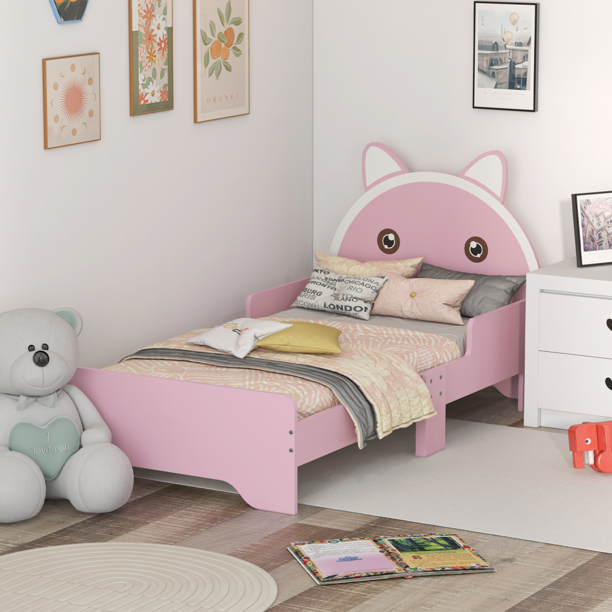 ZONEKIZ Toddler Bed Frame Cat Design Kids Bed with Guardrails - Pink - from ZONEKIZ