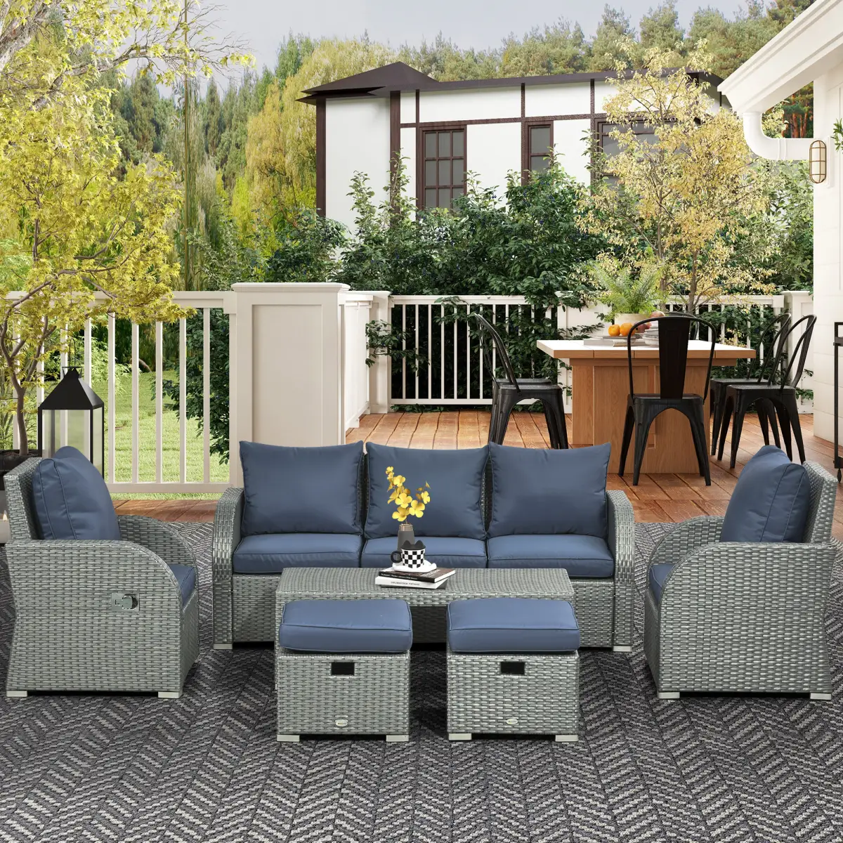Outsunny Outsunny 6pc Padded Outdoor Rattan Wicker 3-Seat Sofa Recliner Footstool Table - Garden Set