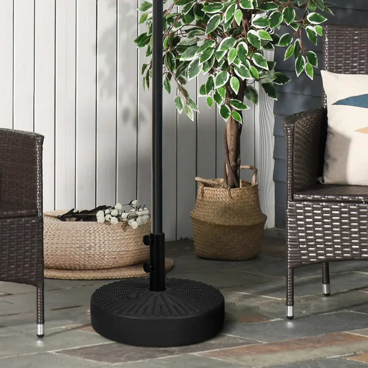 Outsunny Round Umbrella Parasol Base with Rattan Effect, Plastic Parasol Stand, Black - Parasol