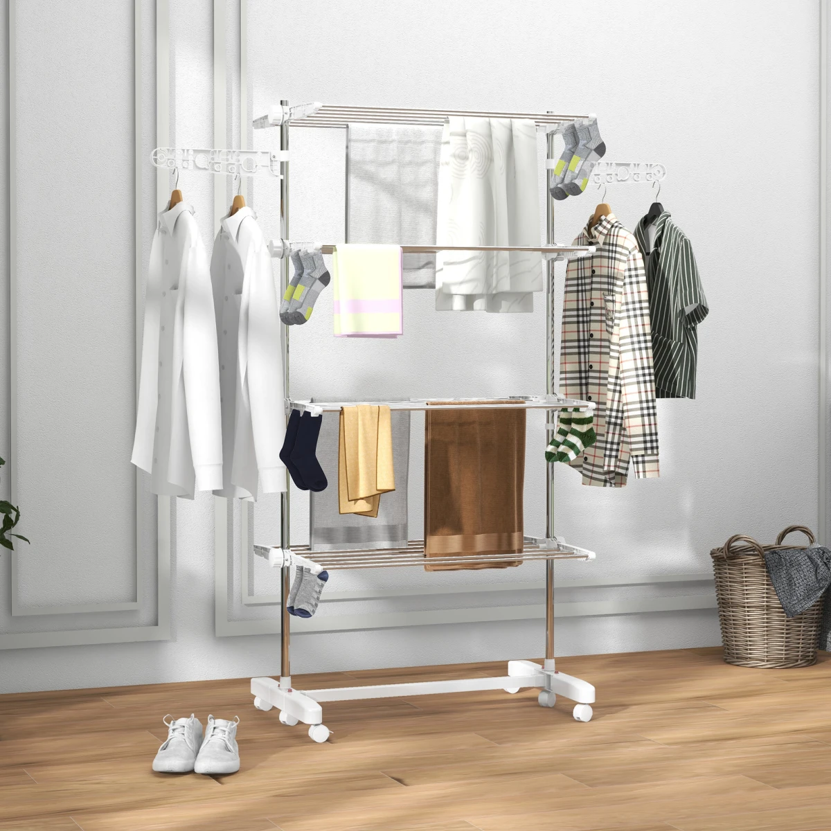 Premium Clothes Rack 4 Layer Folding With Wheels For Home by HOMCOM