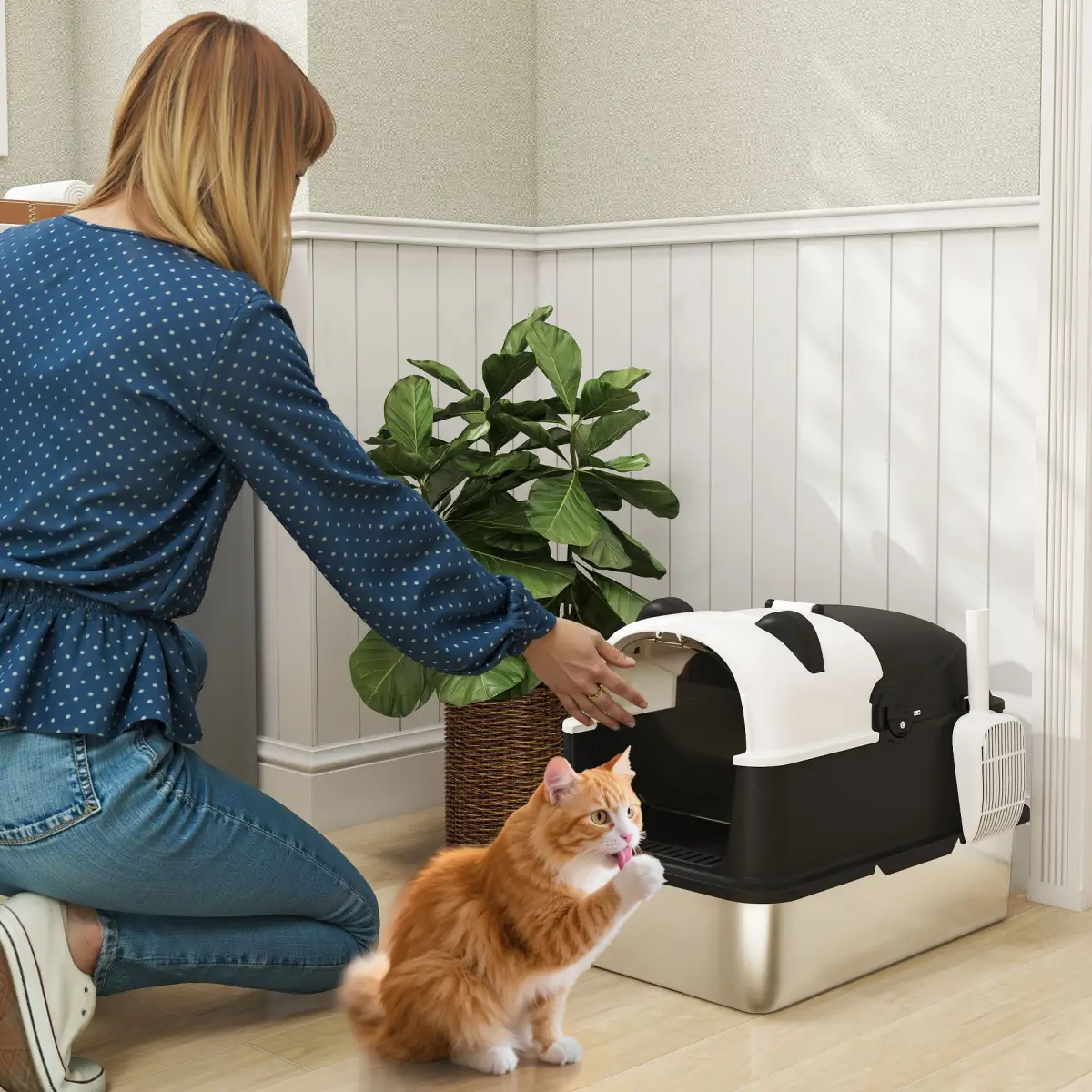 PawHut XL Stainless Steel Litter Box Tray with Lid, Panda Style - Cat Litter