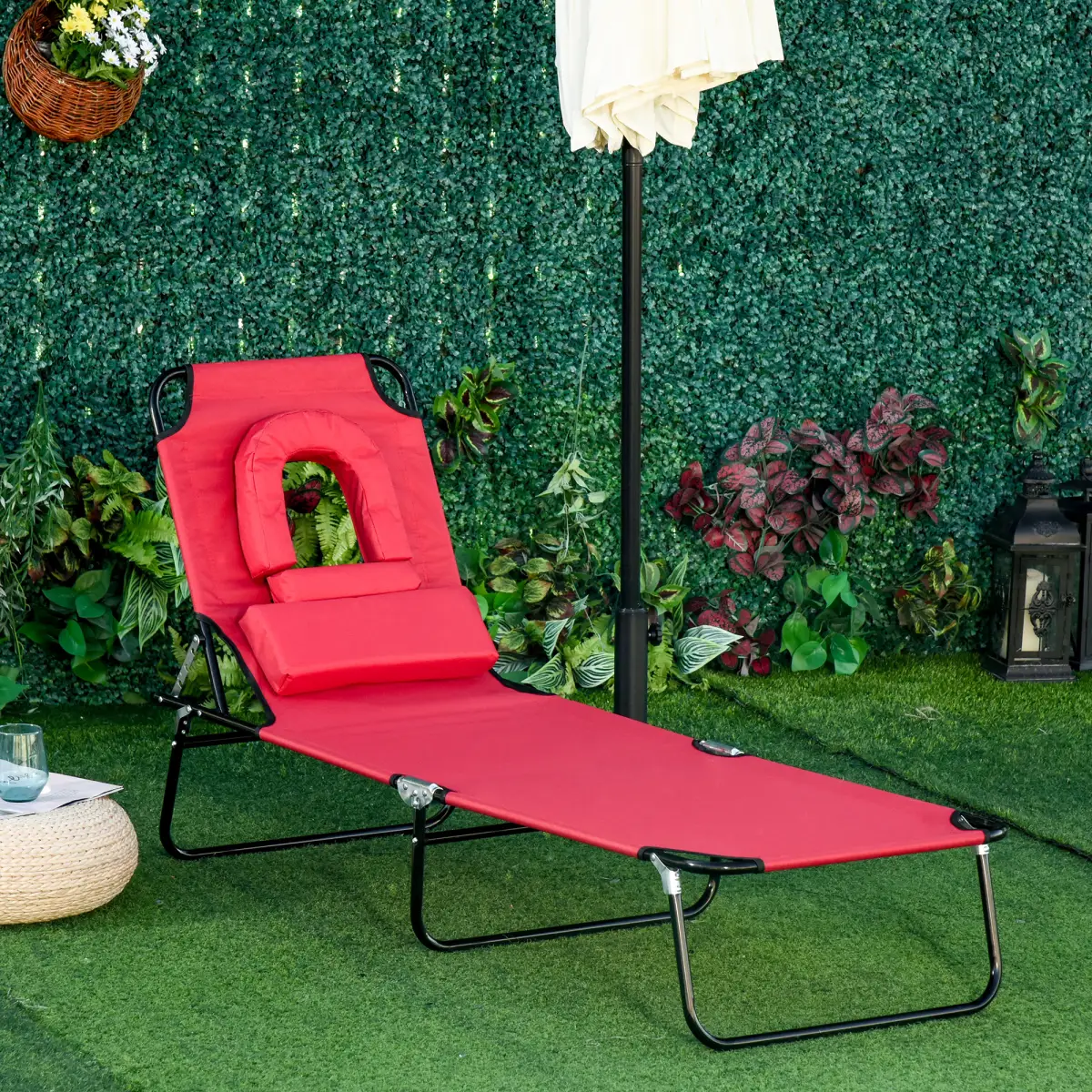 Outsunny Outsunny Folding Sun Lounger Reclining Chair w/ Pillow Reading Hole Red - Sun Lounger