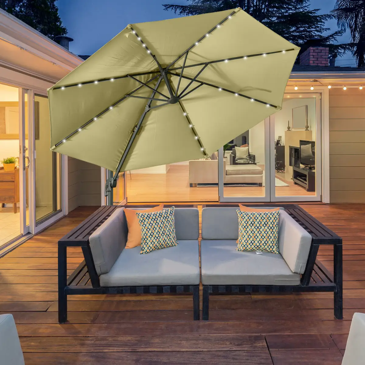 Outsunny 3m Cantilever Parasol Patio Umbrella with LED Solar Light Beige - Parasol