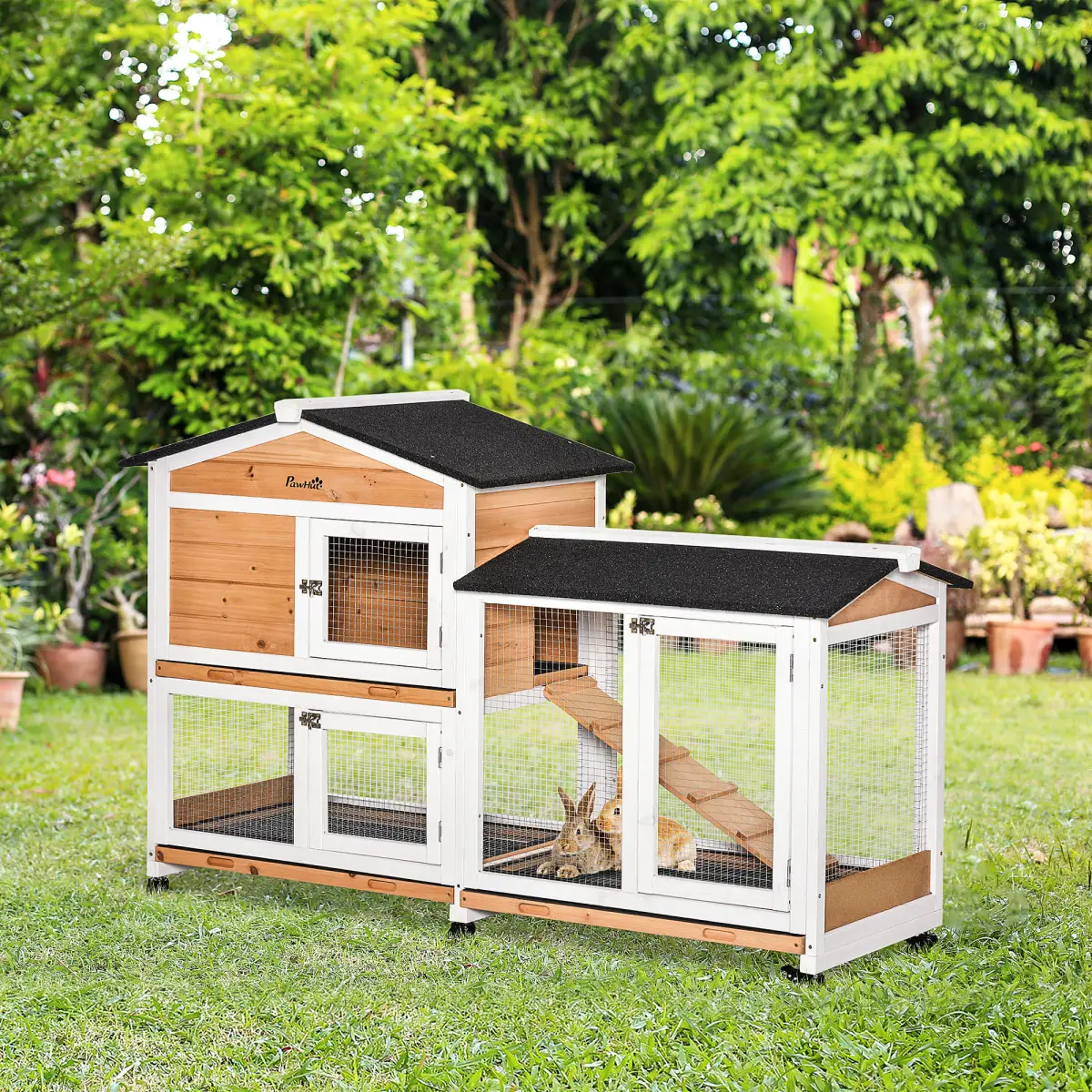 Unbranded Wooden Rabbit Hutch Guinea Pig Cage Wheels, Run, Slide-Out Tray, Ramp Pawhut - Rabbit Hutch