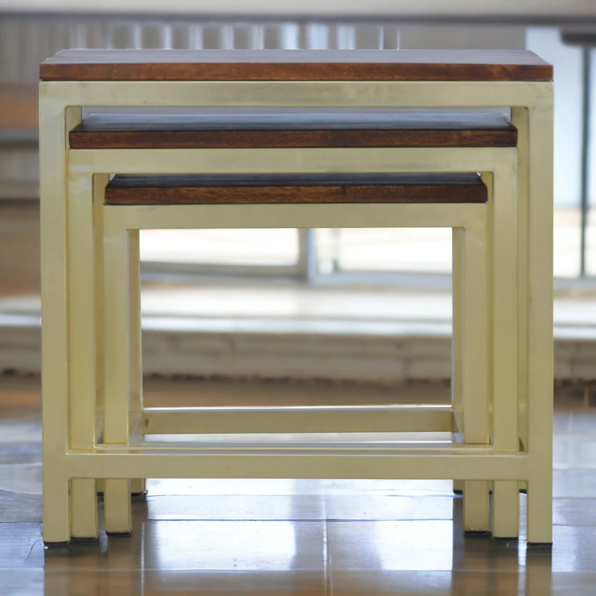 Artisan Mango Wood Stool Set S M L Brass Base by Artisan Furniture
