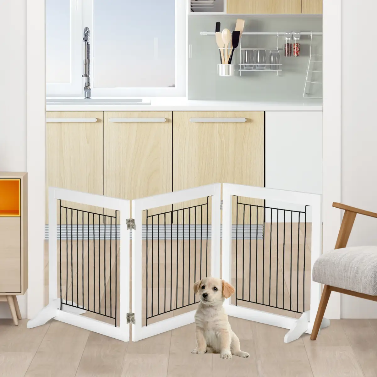 Pawhut Foldable Dog Gate Freestanding Wooden Pet Barrier w/ 3 Panels, 2 Support Feet - Pet Gate