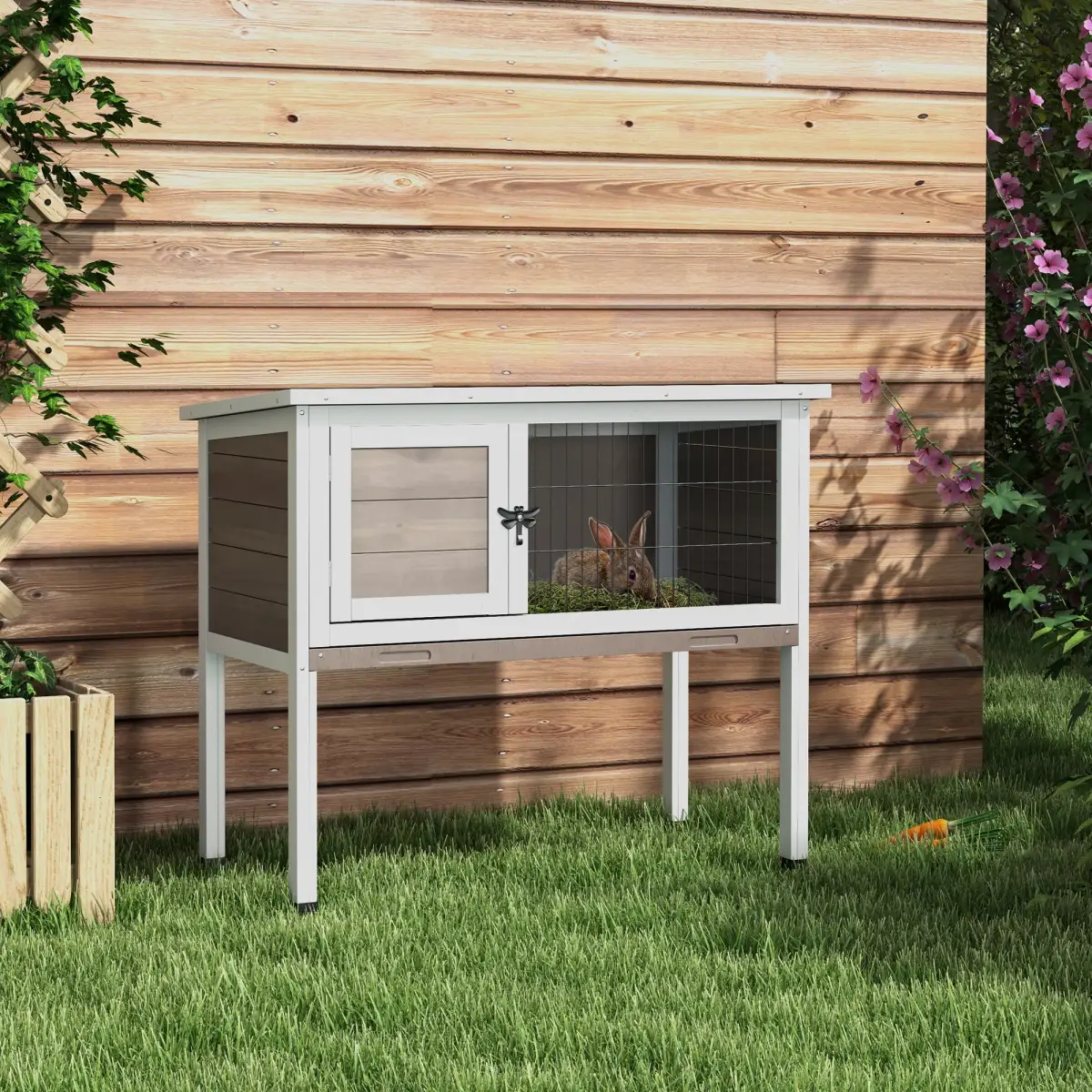 PawHut Pawhut Large Elevated Indoor Outdoor Wooden Rabbit Hutch w/ Asphalt Roof, Tray - Rabbit Hutch
