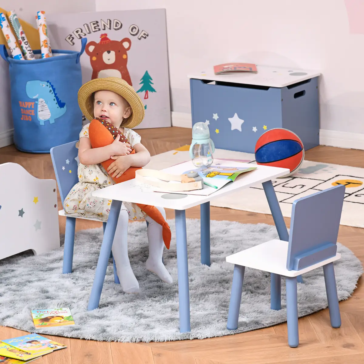 Unbranded 3 Pcs Kids Table & Chairs Dining Set Wood Legs Safe Corners Seating HOMCOM - Garden Set