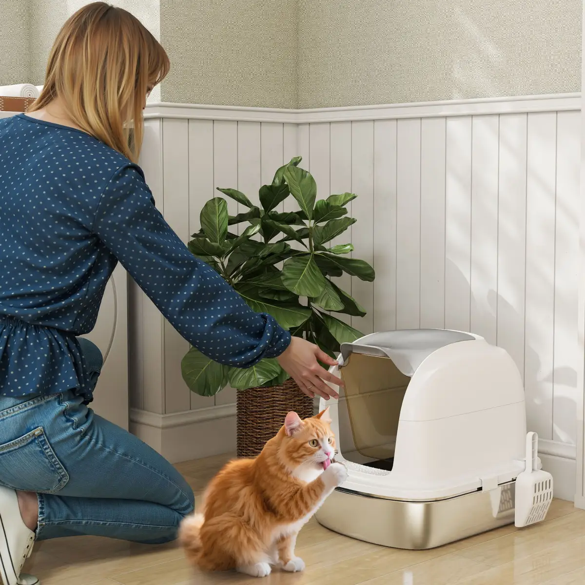 PawHut Stainless Steel Cat Litter Tray with Lid - Cat Litter