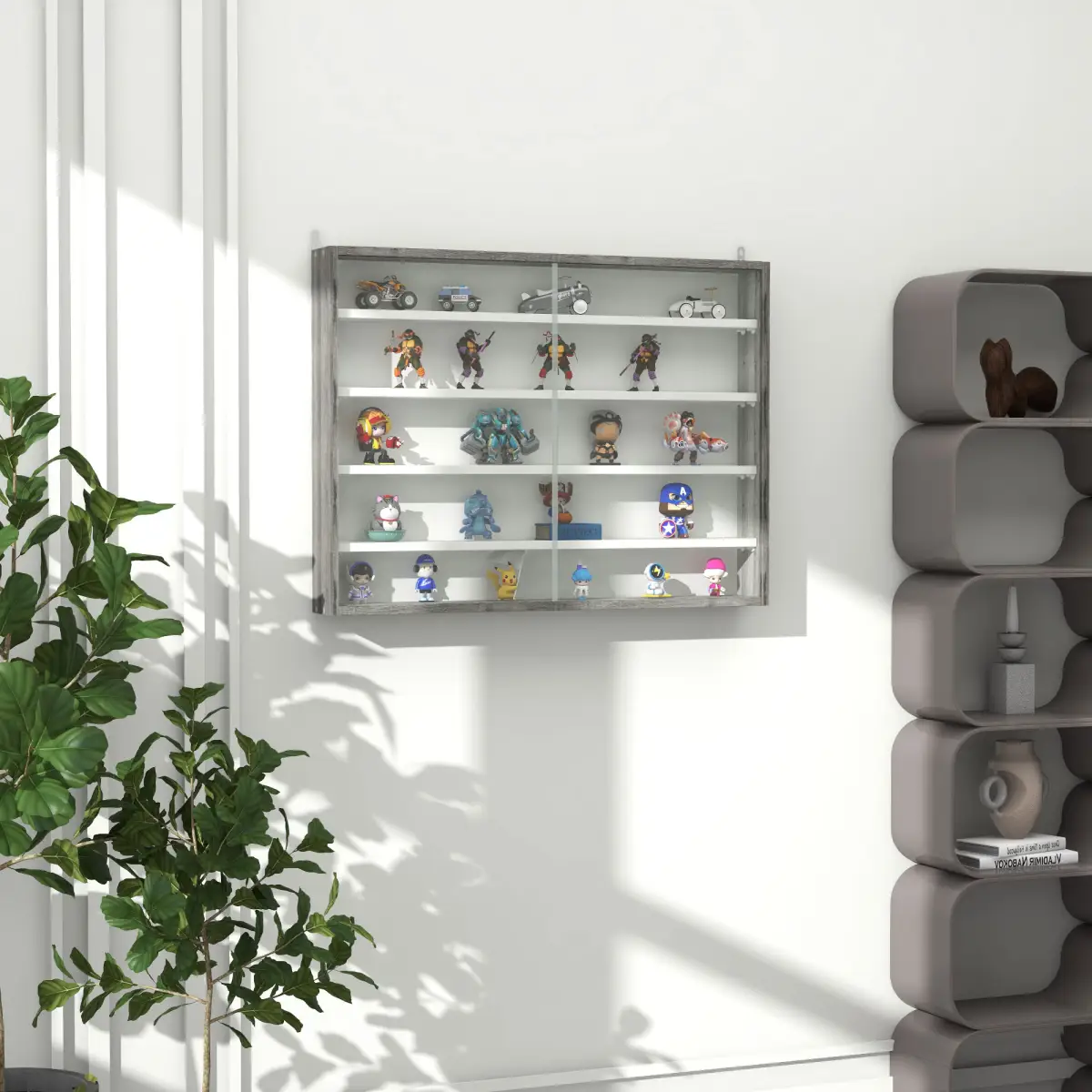 HOMCOM HOMCOM 5-Tier Wall Display Shelf Unit Cabinet w/ Shelves Glass Doors Grey Wood - Display Cabinet