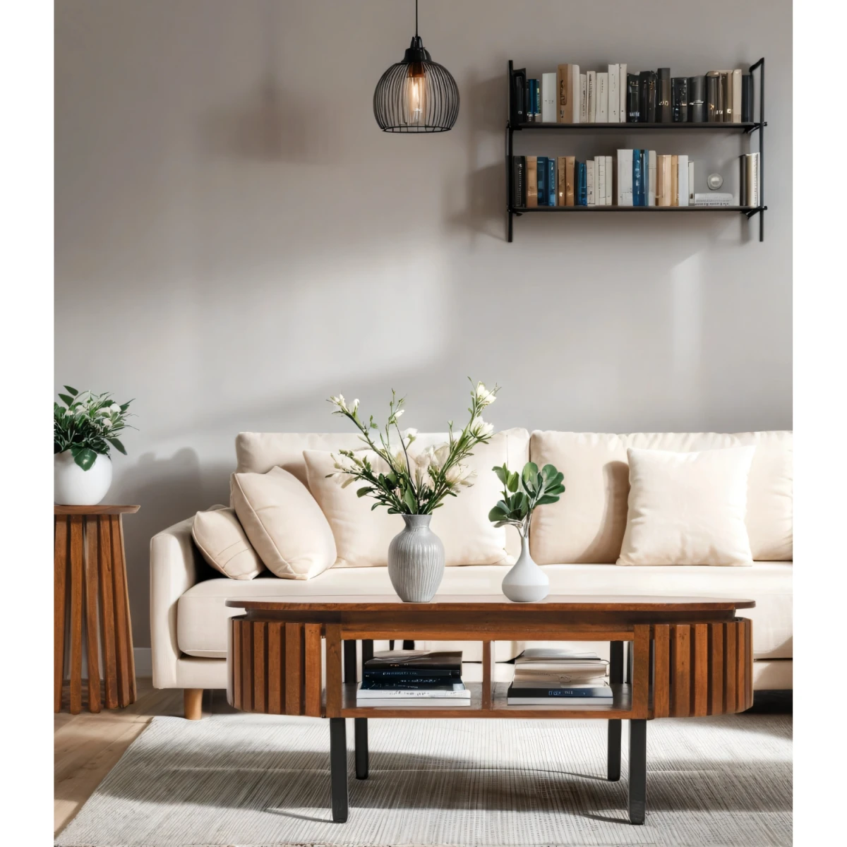 Eco Friendly Mango Wood Coffee Table 55x26.5x13 cm Slatted Open Shelf Living Room Decor by Indian Hub