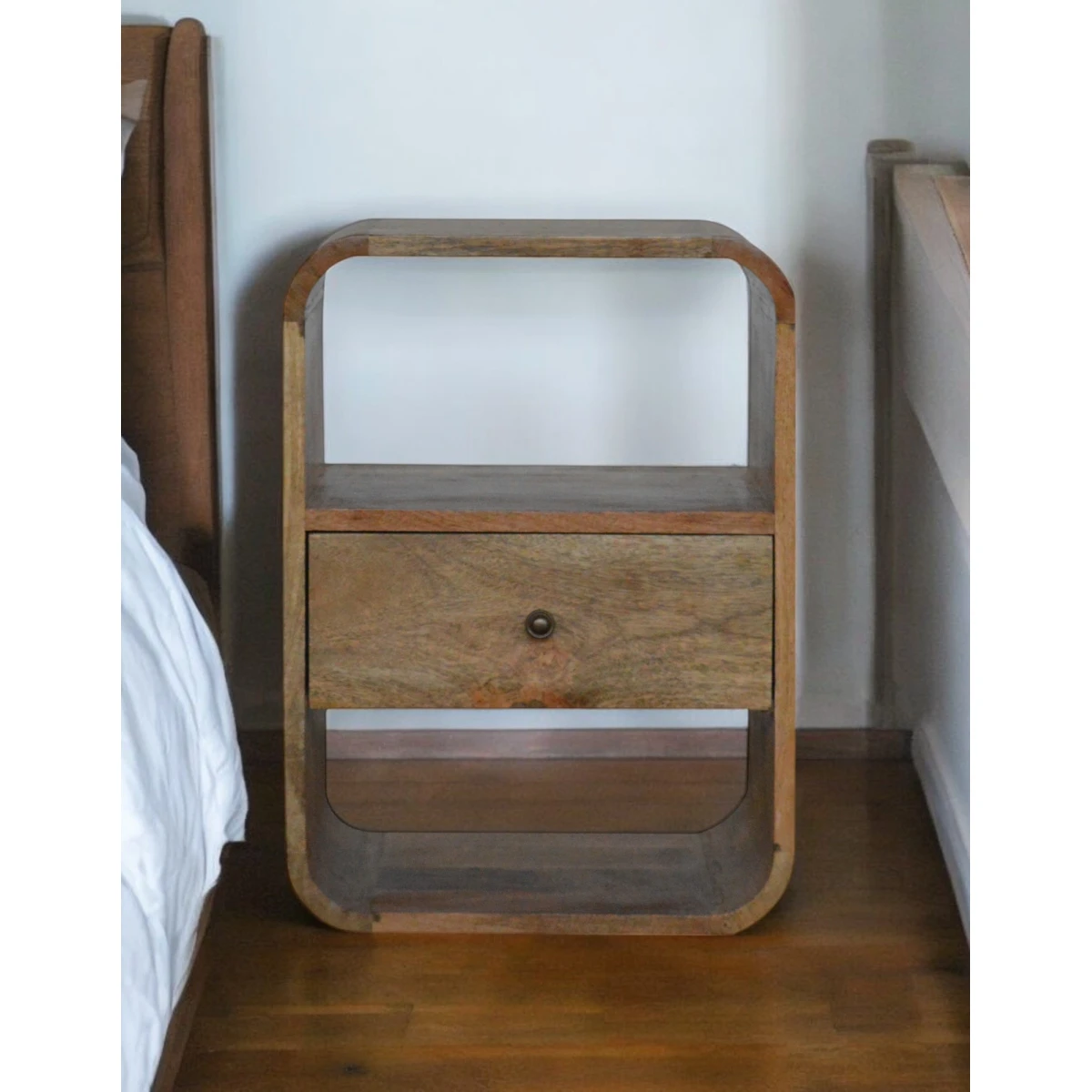 Artisan Furniture Artisan Furniture London Bedside Table Solid Mango Wood Oak Finish Brass Knob 1 Drawer 2 Open Shelves - Bedside Table
