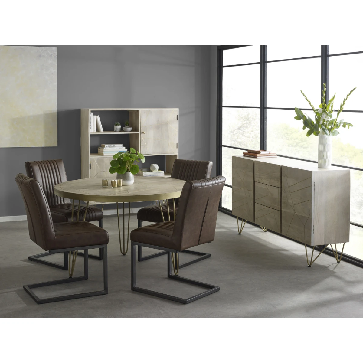 Light Gold Round Dining Table With Metal Inlay Dining Room by Indian Hub