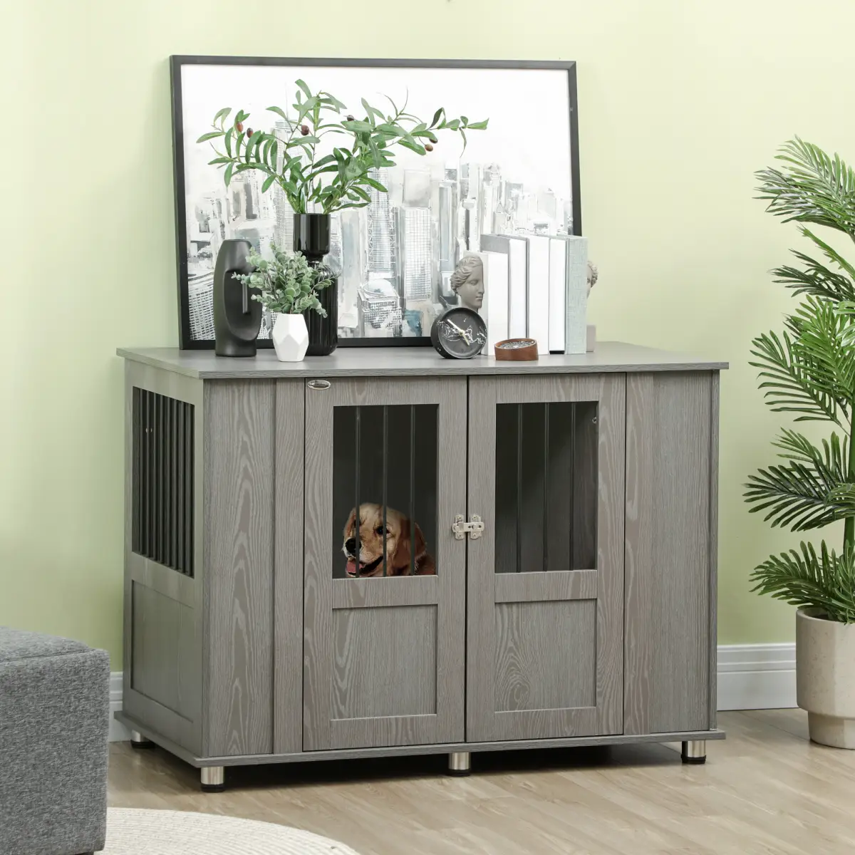 PawHut Dog Crate Kennel Cage for Extra Large Dog, Indoor End Table, Grey - Dog Crate