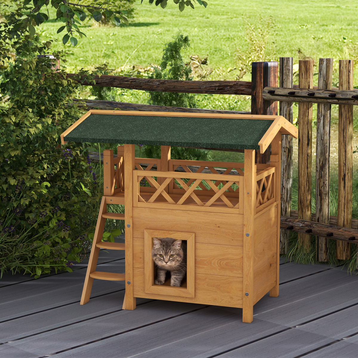 Outdoor Cat House With Balcony And Stairs PawHut Natural Fir Wood Elevated Weatherproof Roof