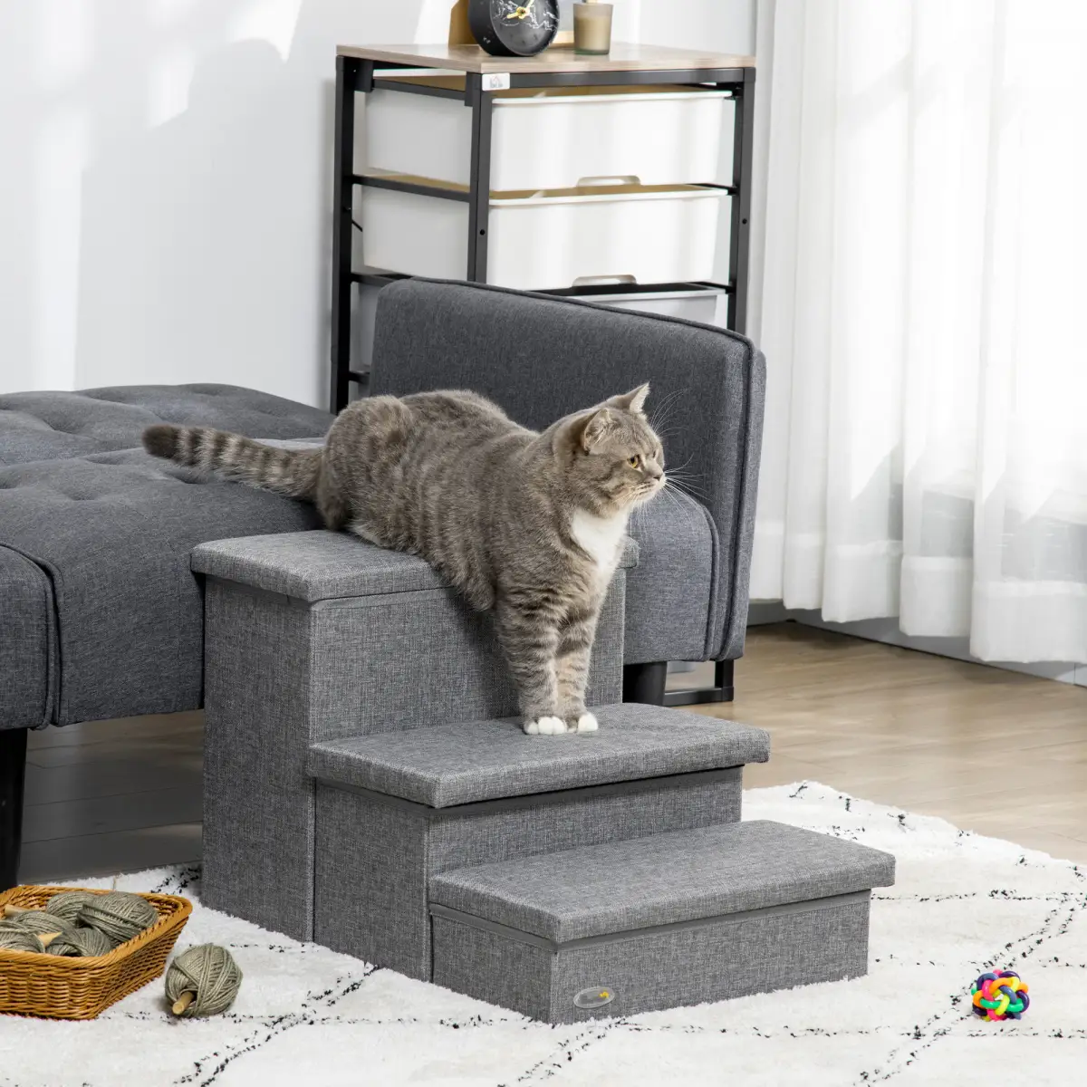 PawHut PawHut 3 Step Dog Steps with Storage Boxes, Cat Stairs for Bed Sofa, Light Grey - Dog Steps