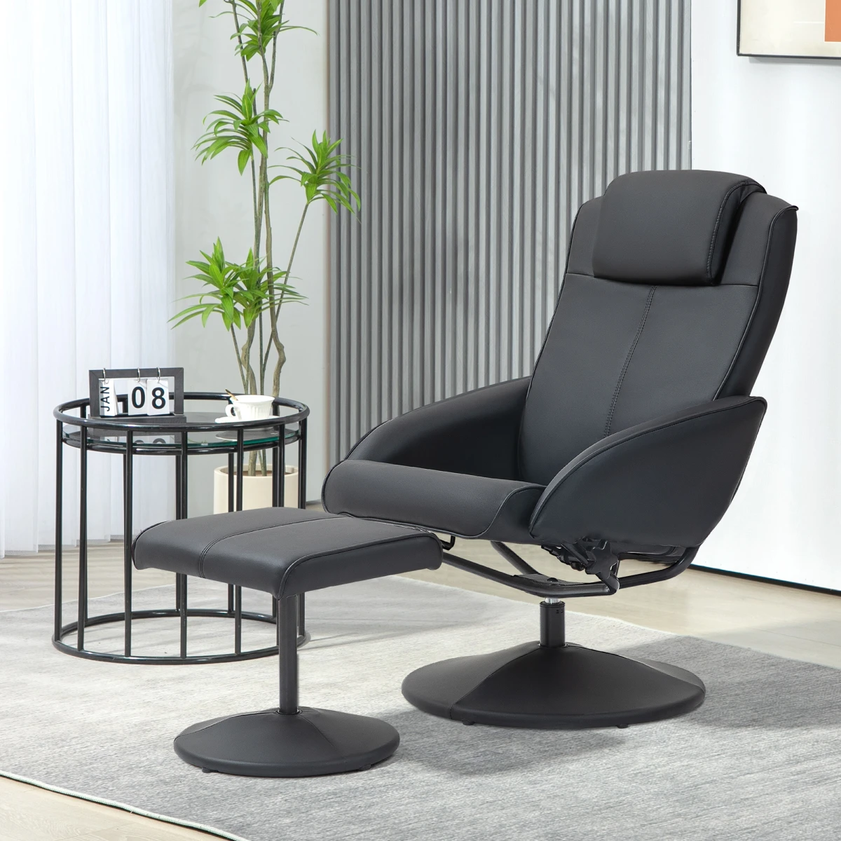 HOMCOM Swivel Armchair With Footstool Standard Size Faux Leather Upholstery 145 Degree Recline Living Room by AIYAPLAY
