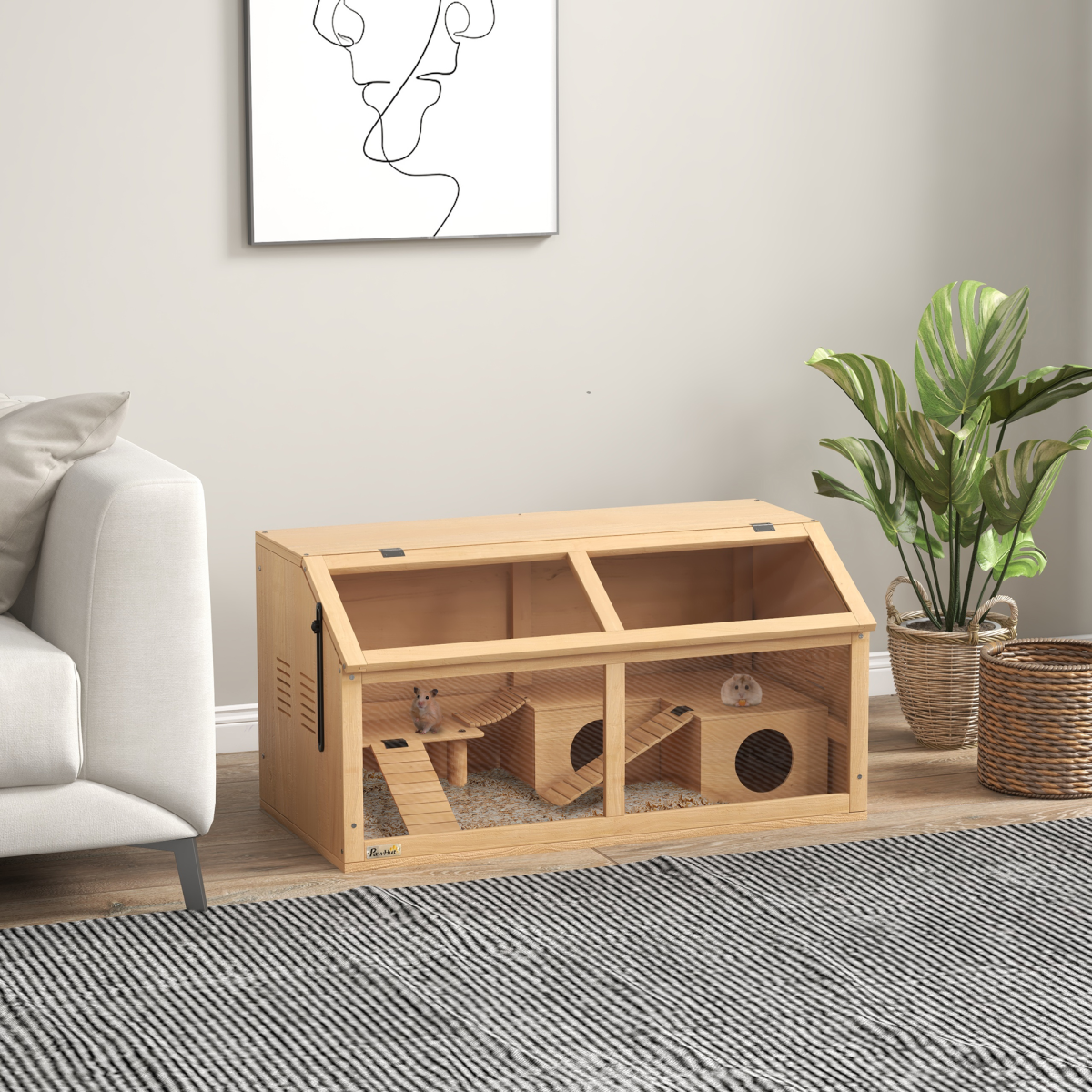 PawHut Wooden Hamster Cage for Gerbils w/ Suspension Bridge, Ladders, Nature - from PawHut