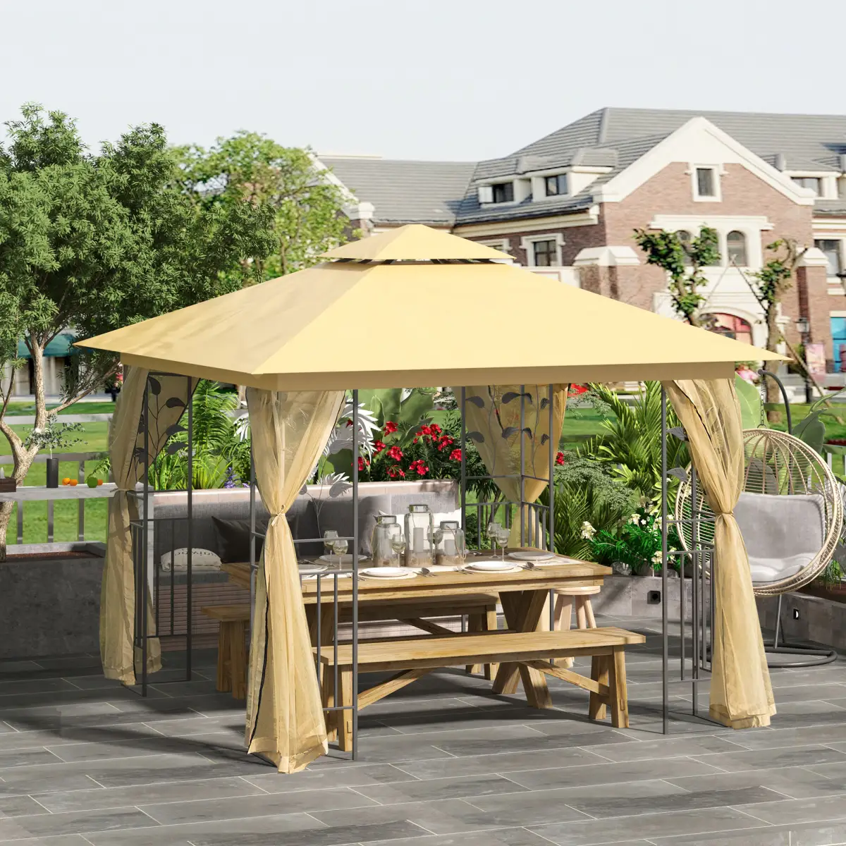 Outsunny 3x3 m Double Top Gazebo-Beige - Gazebos