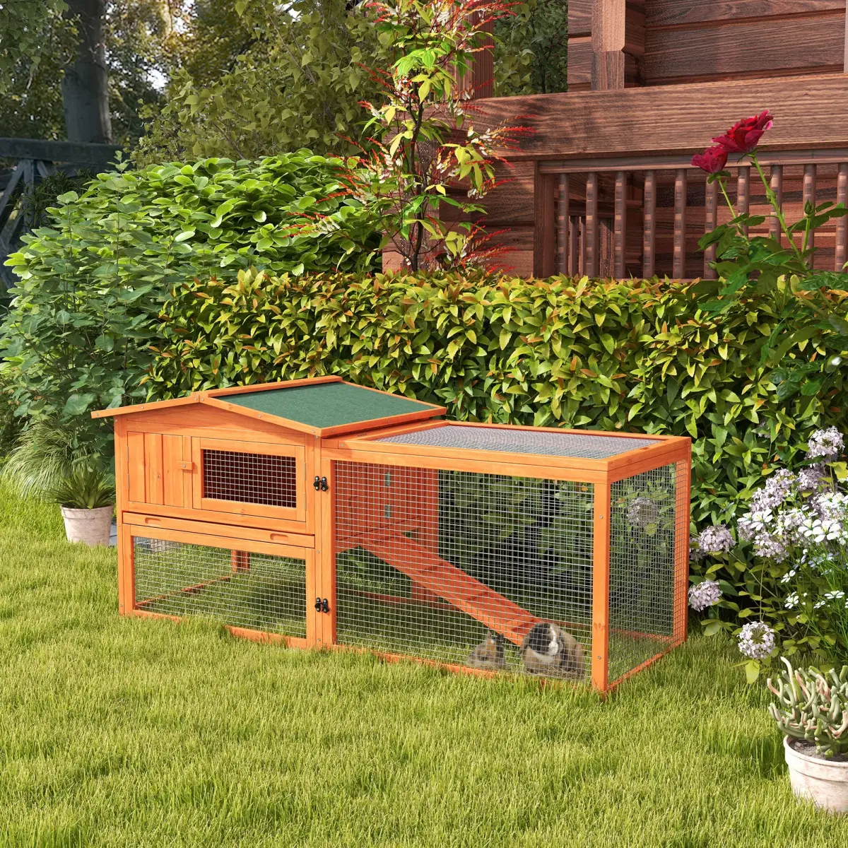 Unbranded Rabbit Hutch and Run Outdoor Sliding Tray Hay Rack Ramp, 156x58x68 cm Pawhut - Rabbit Hutch