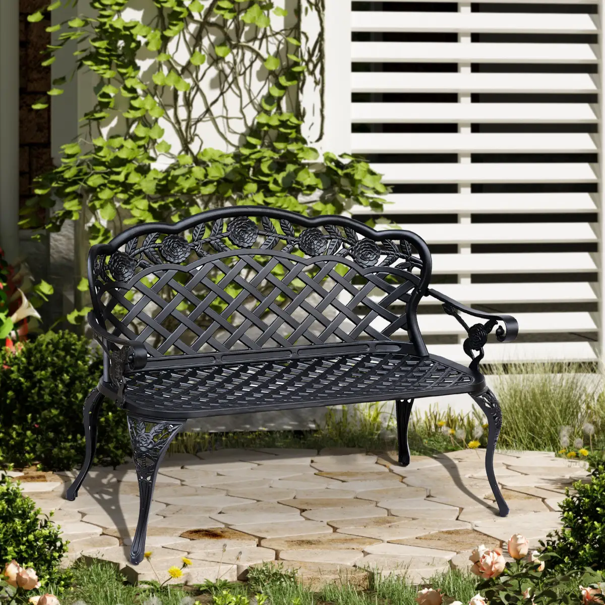 Outsunny Garden Bench, Cast Aluminium, 107Lx58Wx85H cm-Black - Garden Chairs