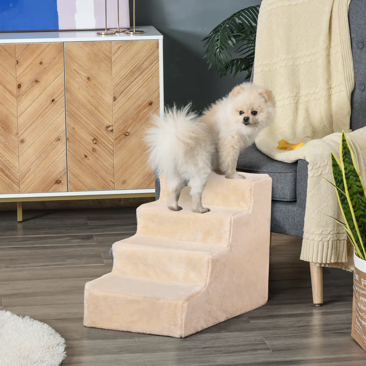PawHut Portable Dog Stairs with Washable Plush Cover, for High Bed Sofa - Beige - Dog Steps
