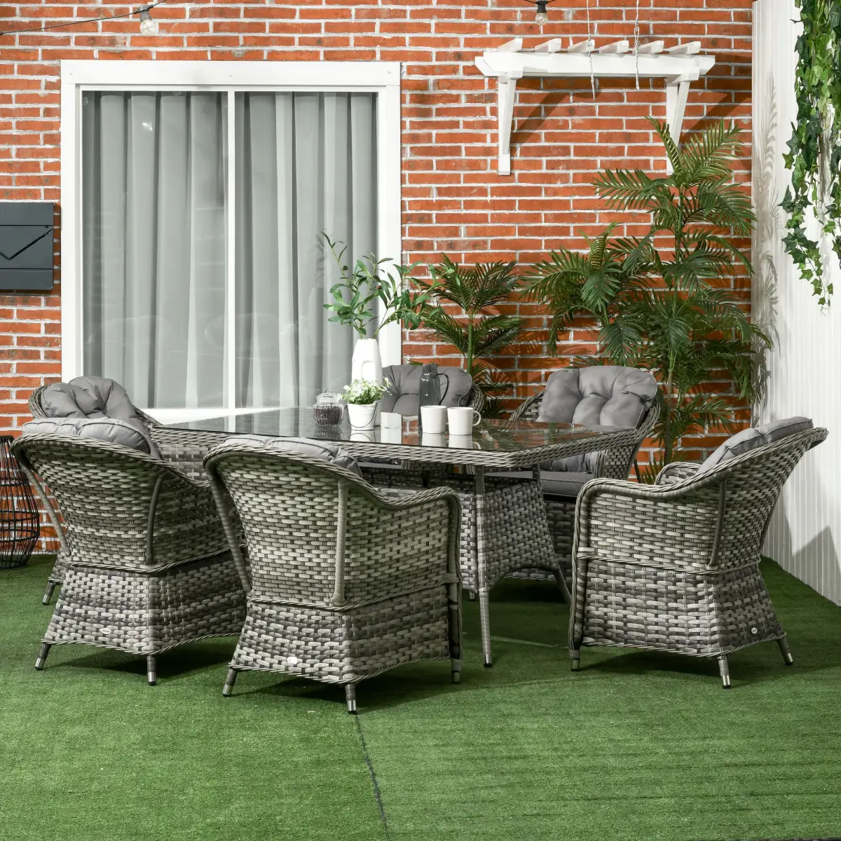 Outsunny Outsunny 7 Pieces Rattan Dining Sets w/ Tempered Glass Umbrella Hole Table - Garden Set