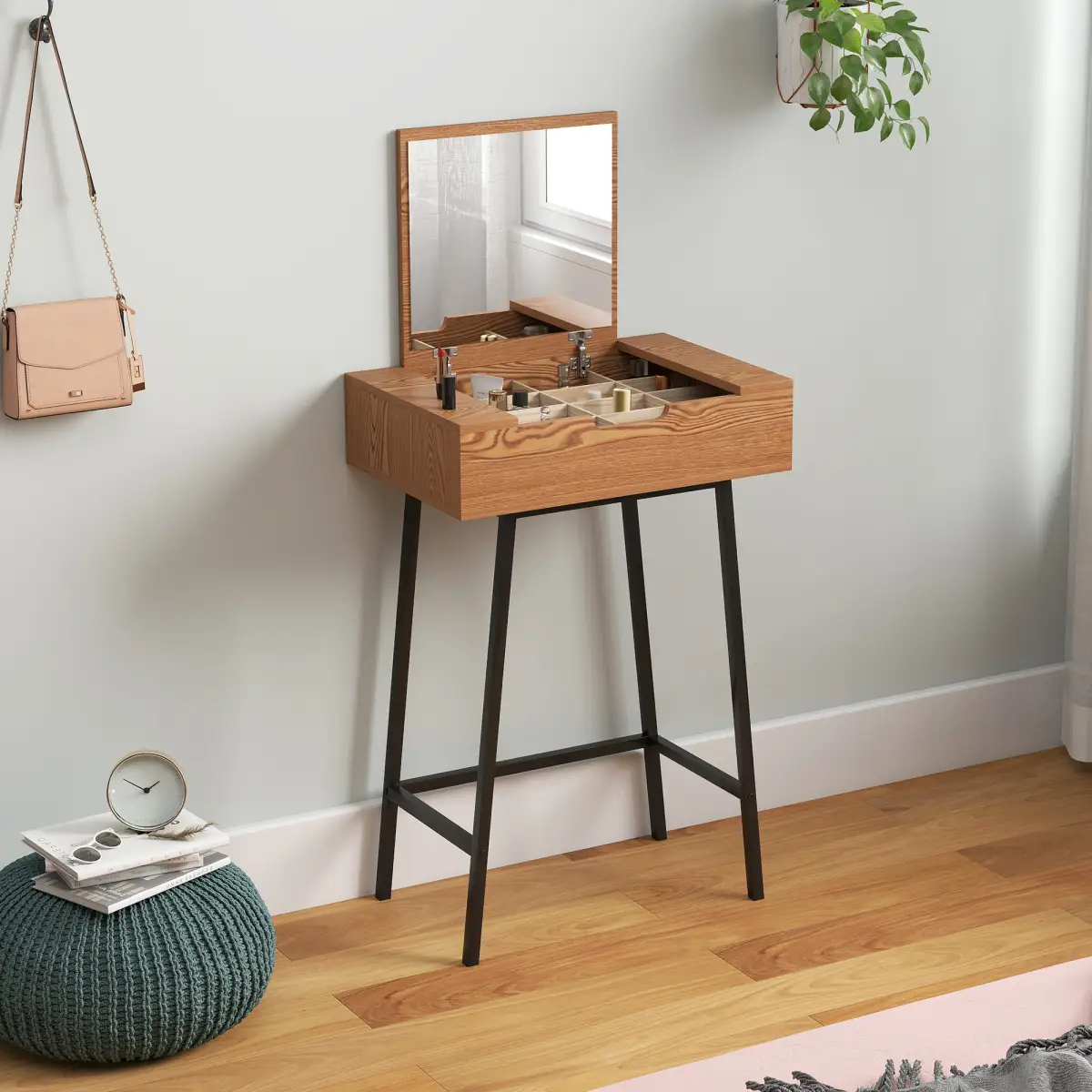 HOMCOM HOMCOM Industrial Vanity Desk with Mirror and Steel Legs Natural Wood Effect - Desk