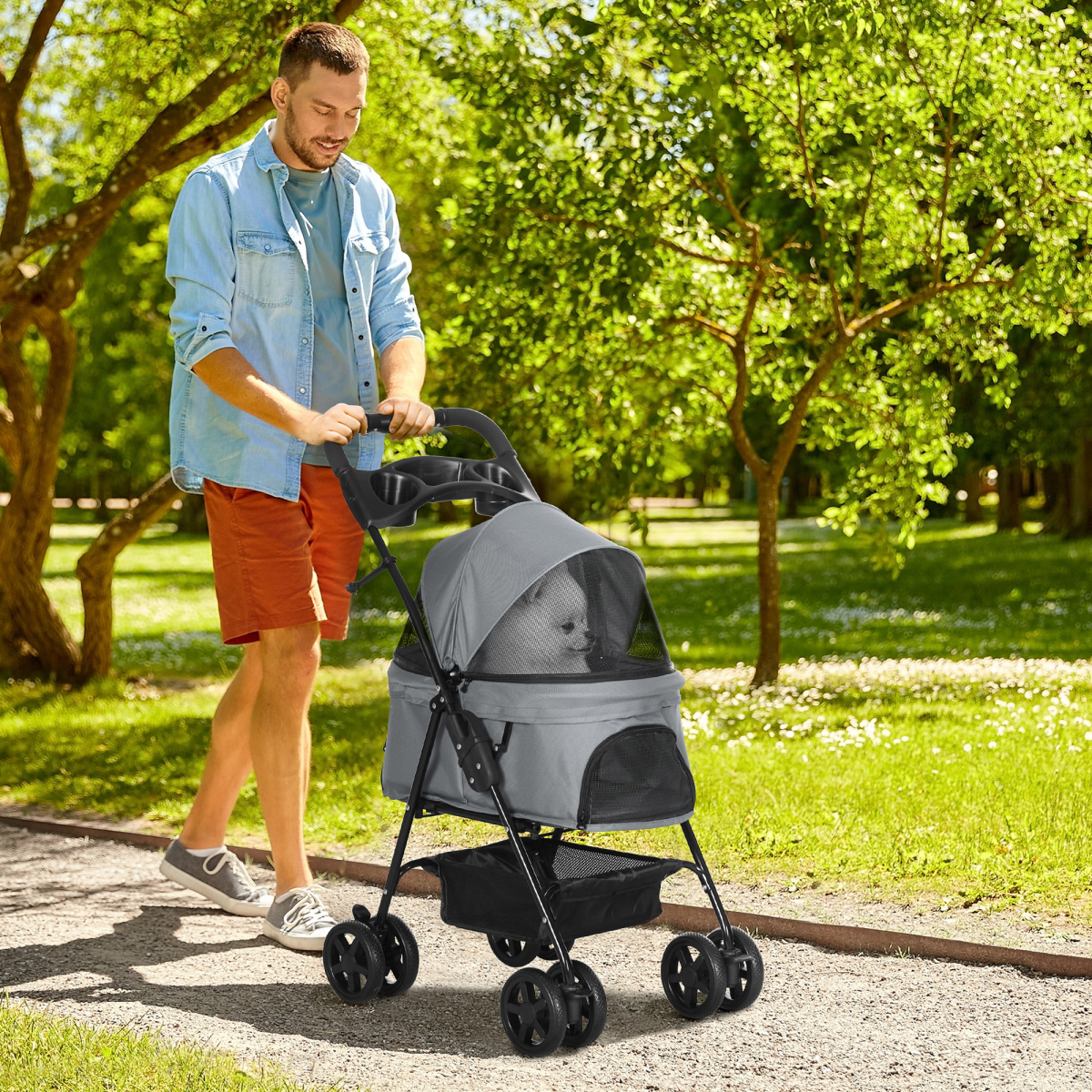 Pet Stroller No-Zip Foldable Travel Carriage with Brake Basket Adjustable Canopy - from Unbranded