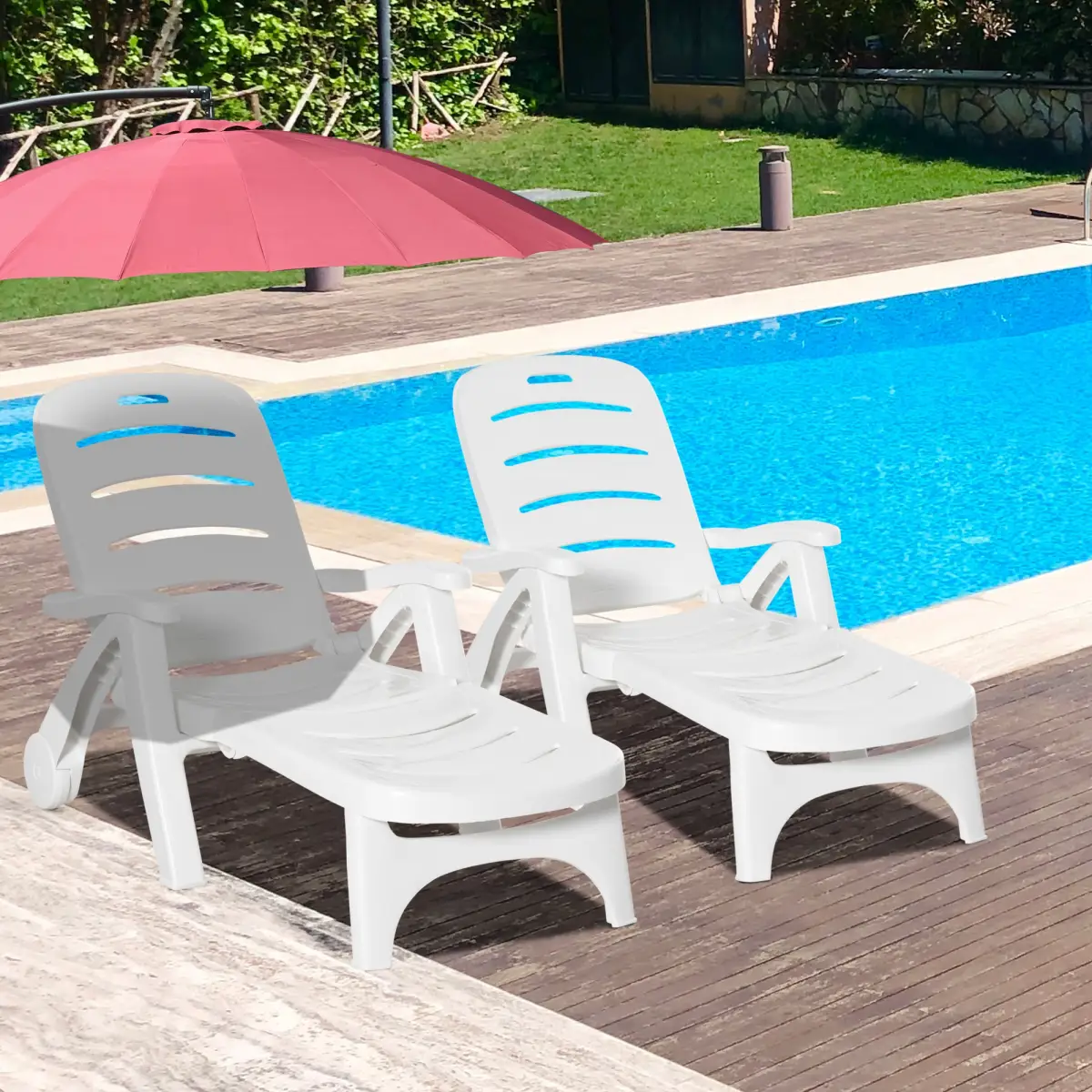 Outsunny Outsunny Patio Folding Lounge Chairs Recliners with Wheels & 5-Position Backrest - Sun Lounger