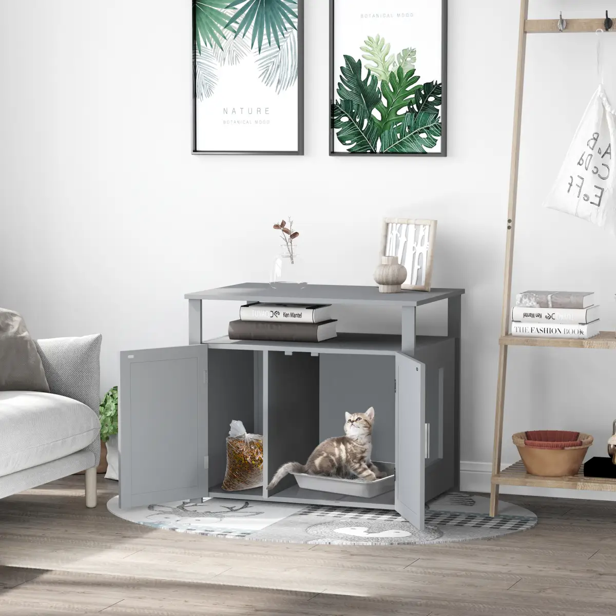 Wood Cat Litter Box Enclosure Furniture Adjustable Interior Wall Grey Pawhut - Cat Litter