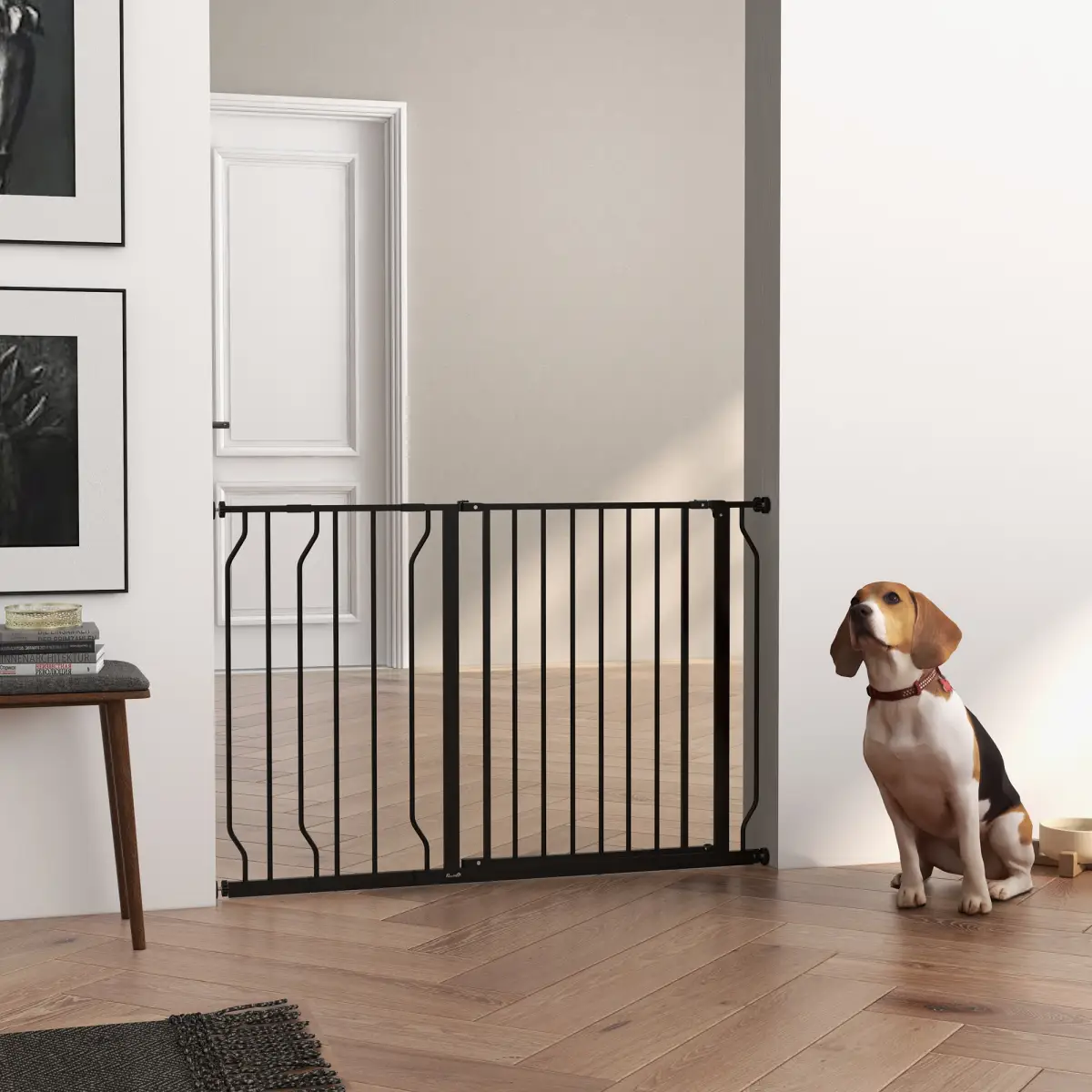 PawHut PawHut Dog Gate Wide Stair Gate with Door Pressure Fit, 75-115W cm, Black - Pet Gate