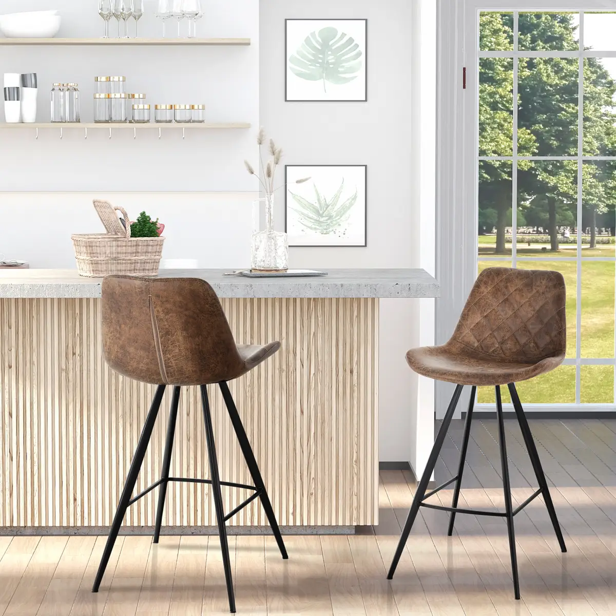 HOMCOM Vintage-Style Bar Stools Set of 2 with Padded Tub Seats - Bar Stool
