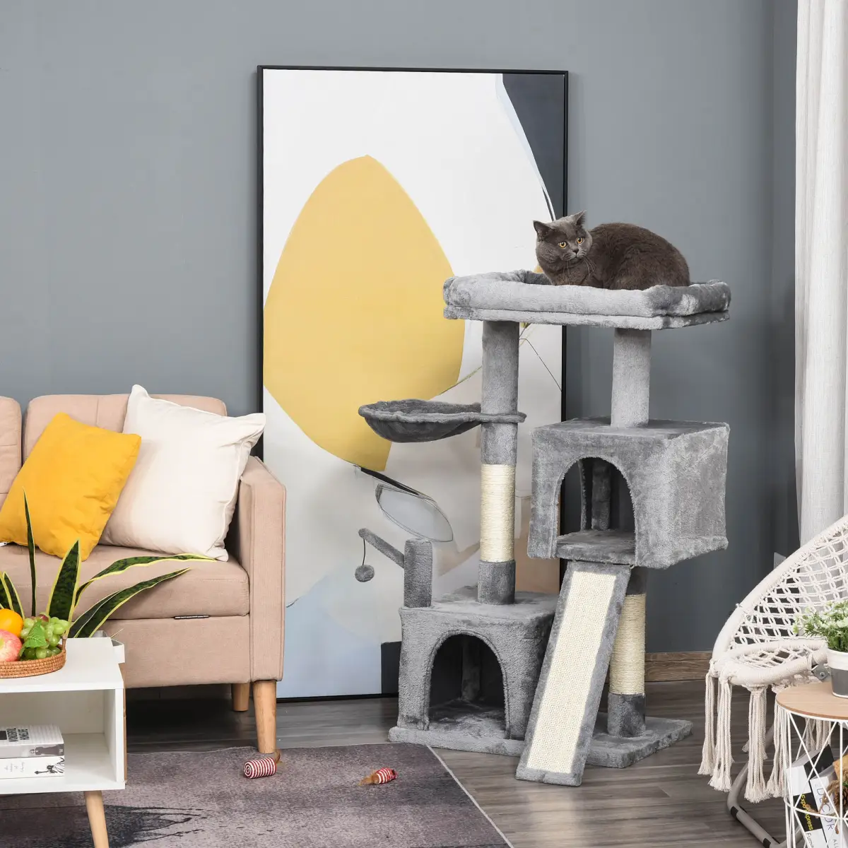 Pawyhut Cat Tree Tower w/ Sisal Scratching Posts Pad Hanging Ball Perch Condo Hammock - Cat Tree