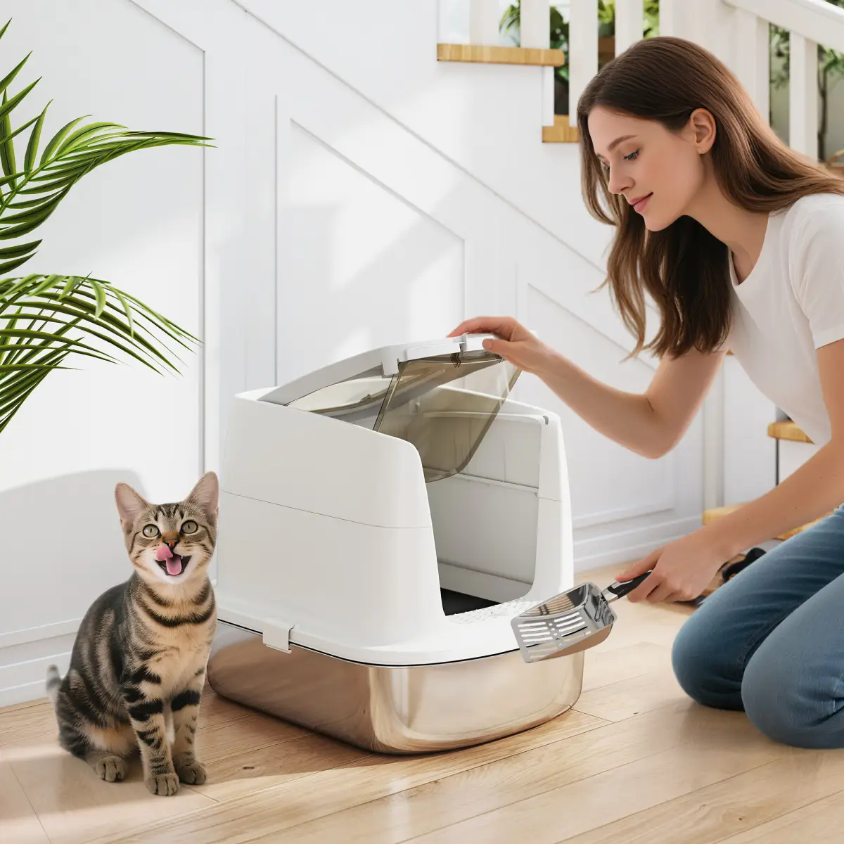 PawHut Stainless Steel Litter Box, Enclosed Metal Cat Litter Tray with Scoop - Cat Litter